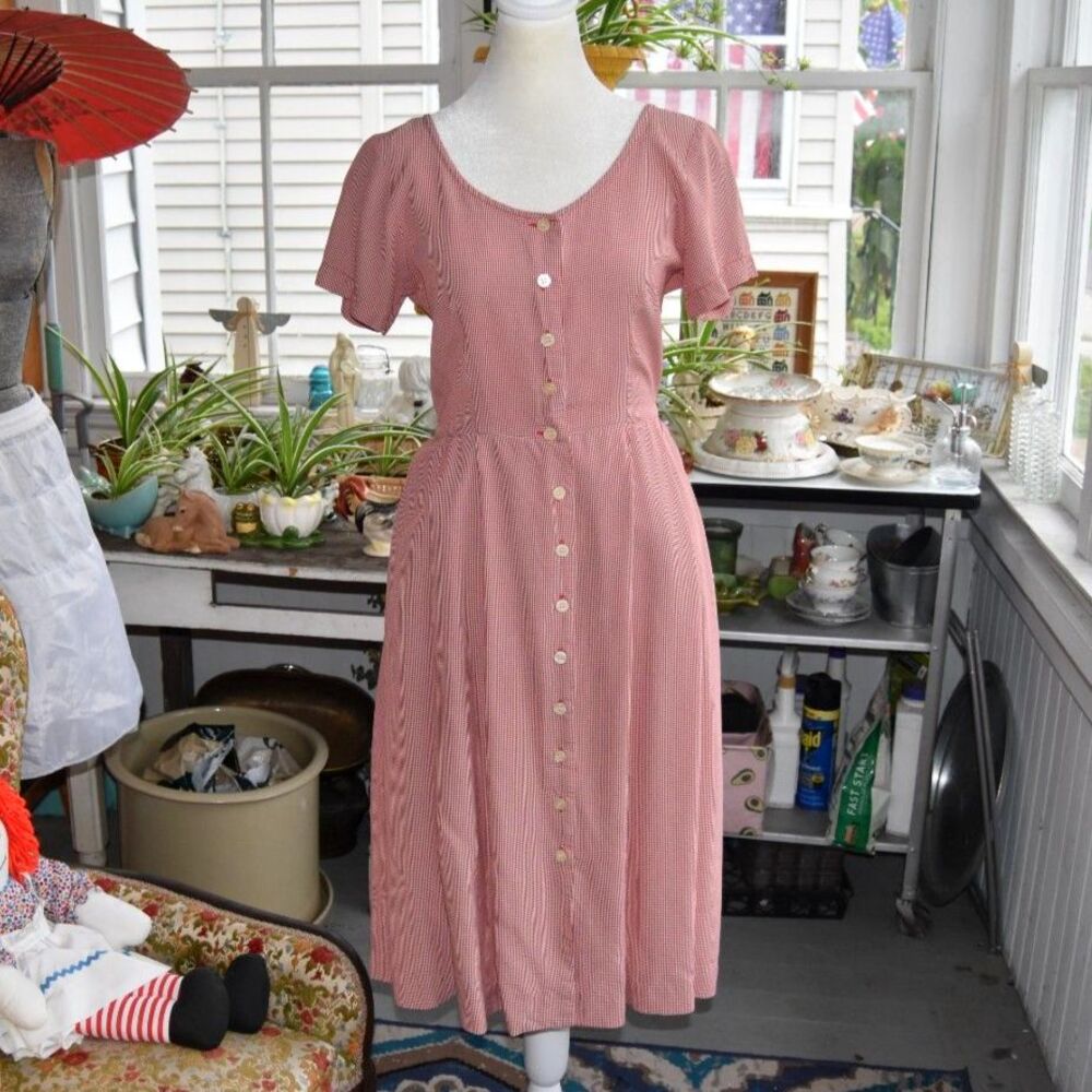 90s Esprit Dress Womens Small Red White Gingham Button Front Fit Flare